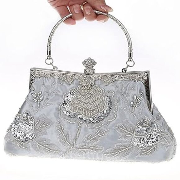 ELEOPTION Beaded Sequin Design Metal Frame Kissing Lock Satin Interior Party Bag - Picture 1 of 9
